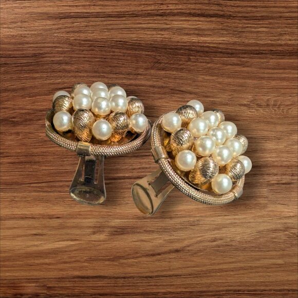 Vintage Gold-Tone Clip-On Earrings With Faux Pearl Cluster & Textured Beads - Picture 1 of 8
